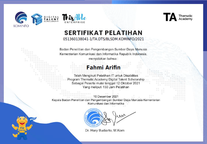 Lihat Sertifikat Pelatihan IT untuk Disabilitas (Thematic Academy) dalam ukuran penuh